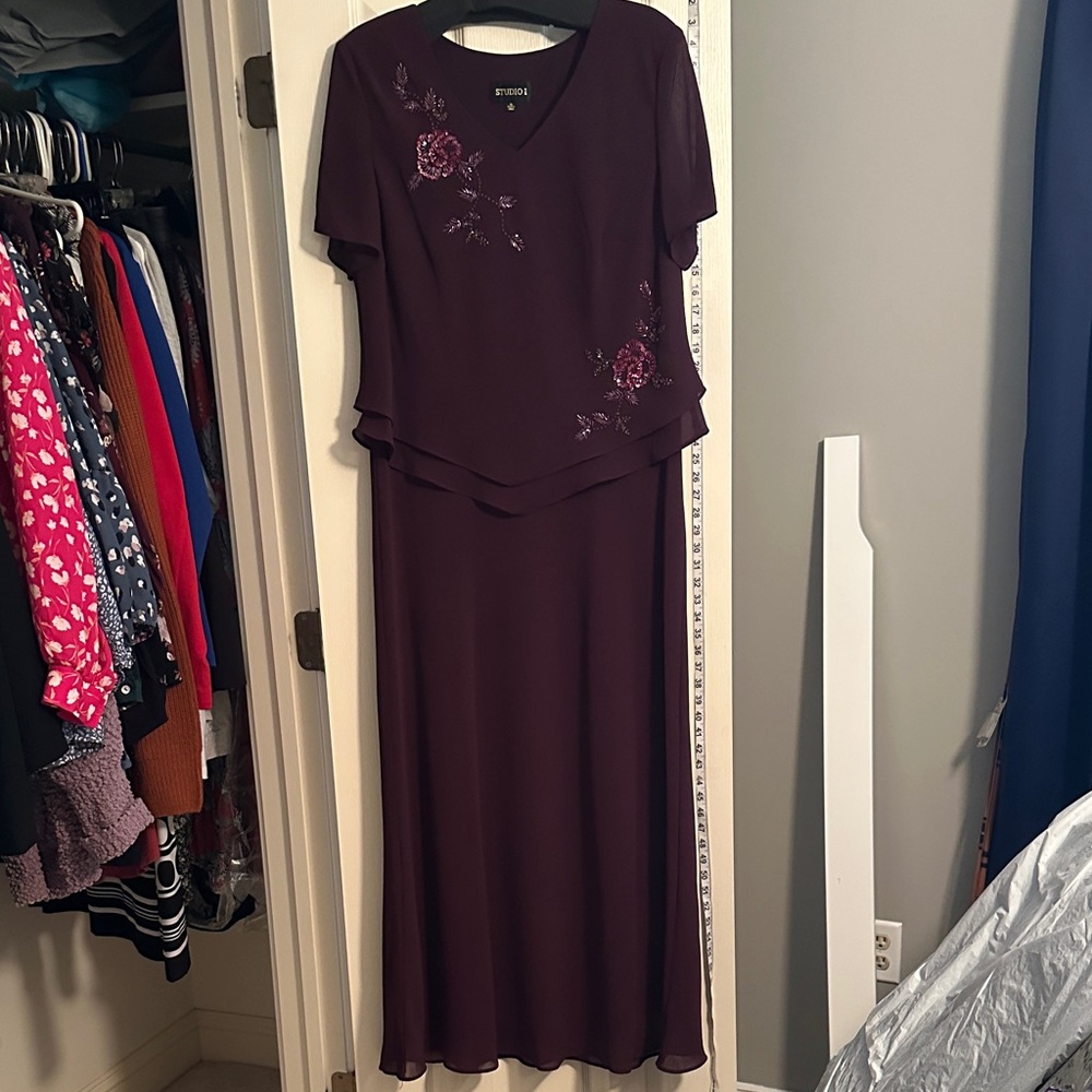 Studio I Plum Maxi Dress with Floral Embroidery